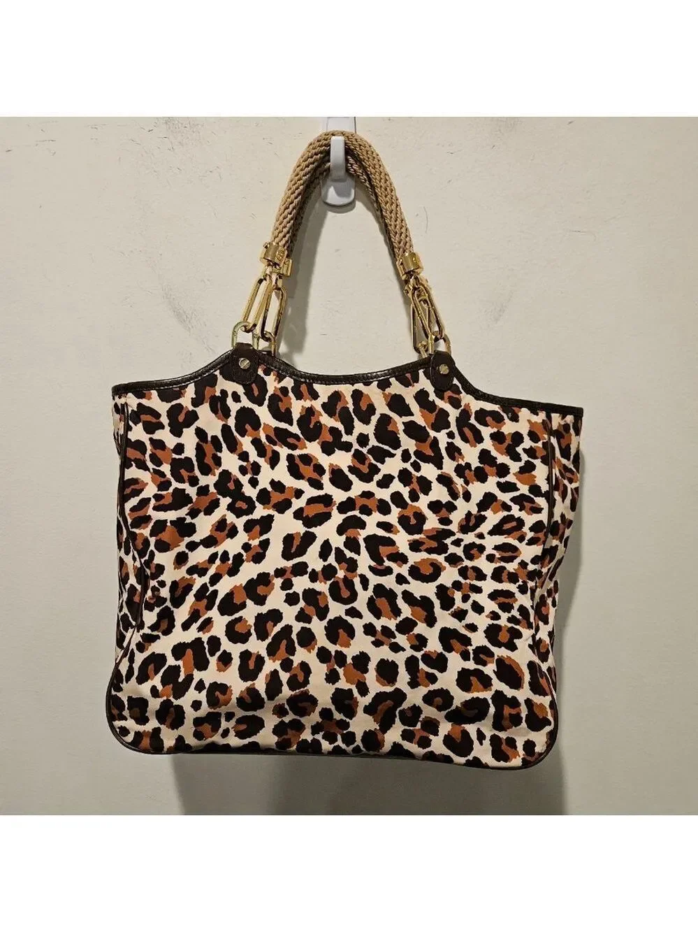 Women's Tory Burch Leopard Print Large Tote Bag Rope Handles Brown Beige